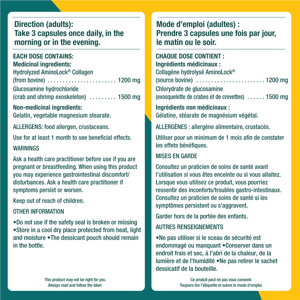 Supplement label with directions, ingredients, and warnings on a yellow and blue background - okotoks hc pharmacy