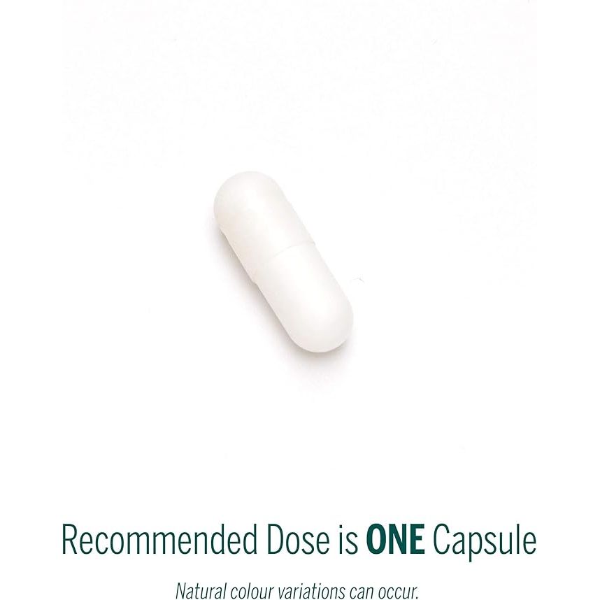 White capsule pill on a white background with text about recommended dose. - okotoks hc pharmacy