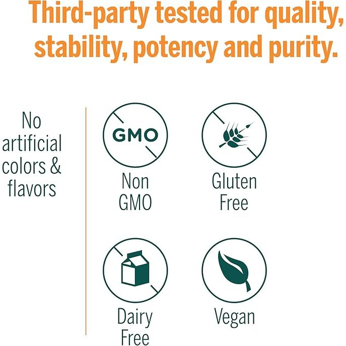 Product label with third-party testing information, allergen icons, and product attributes on a white background. - okotoks hc pharmacy
