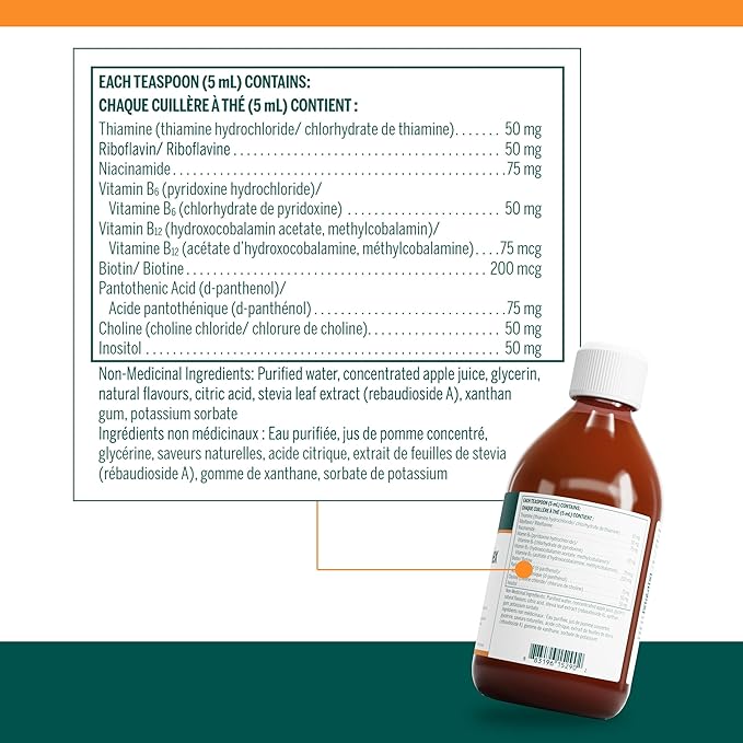 Bottle of liquid supplement with label and nutritional information on a white background - okotoks hc pharmacy