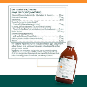 Bottle of liquid supplement with label and nutritional information on a white background - okotoks hc pharmacy