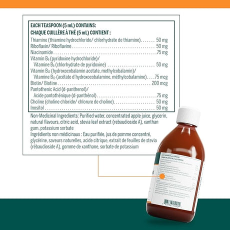 Bottle of liquid supplement with label and nutritional information on a white background - okotoks hc pharmacy