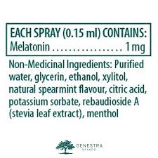 Product label for a spray containing Melatonin with a list of ingredients. - okotoks hc pharmacy