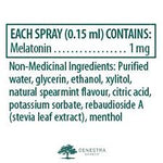 Product label for a spray containing Melatonin with a list of ingredients. - okotoks hc pharmacy