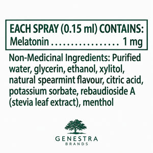 Product label for a spray containing Melatonin with a list of ingredients. - okotoks hc pharmacy