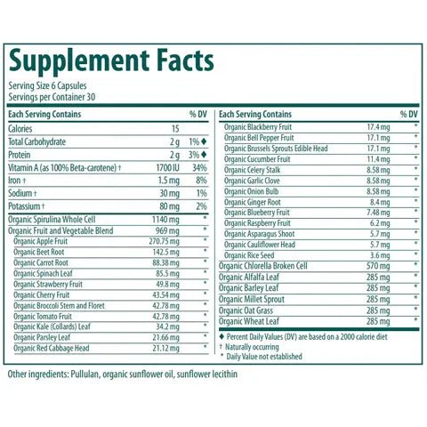 Supplement facts label with detailed nutritional information on a green background - okotoks hc pharmacy
