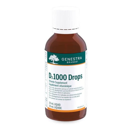 Bottle of Genestra D3 1000 Drops on a white background- okotoks hc pharmacy