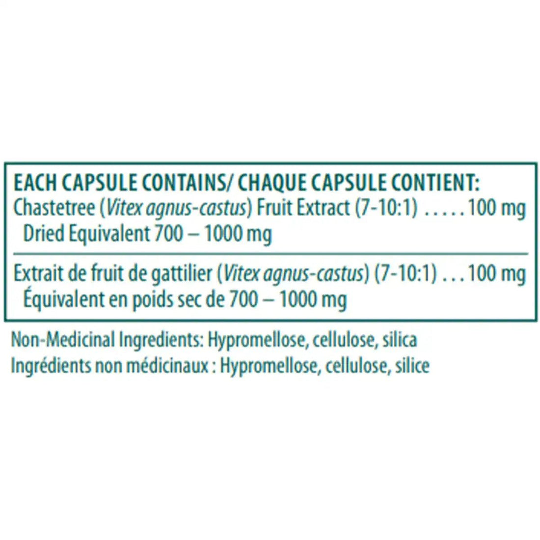 Capsule label with Vitex agnus-castus extract information on a white background - okotoks hc pharmacy