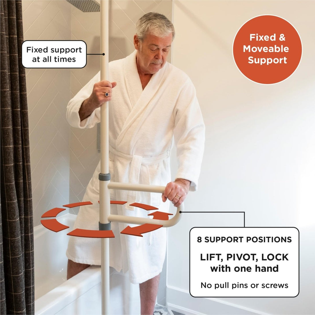Man using a shower support ladder with text highlighting features - okotoks hc pharmacy