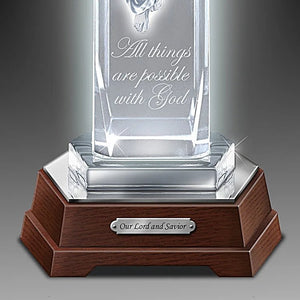 Decorative glass plaque with wooden base and engraved text on a gray background - okotoks hc pharmacy