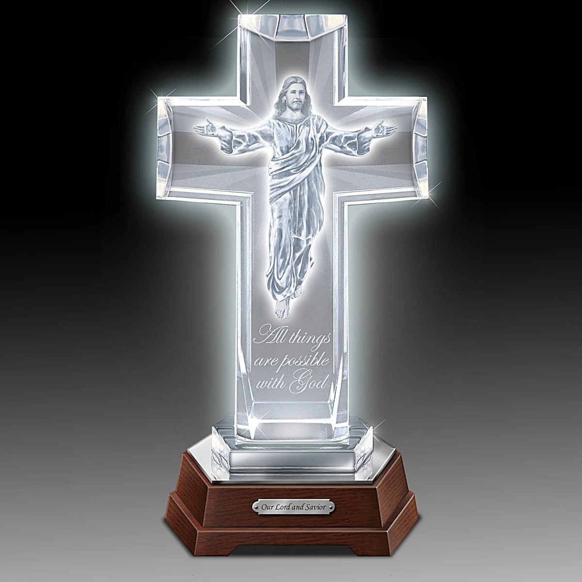 Crystal cross with Jesus figure and engraved text on a wooden base - okotoks hc pharmacy