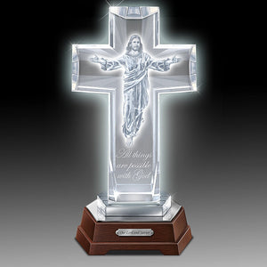 Crystal cross with Jesus figure and engraved text on a wooden base - okotoks hc pharmacy