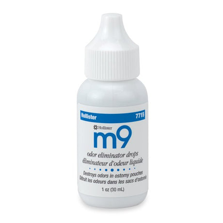 A 30 mL bottle of Hollister m9 odor eliminator drops, featuring a white plastic bottle and cap with a blue and white label, set against a plain white background. - okotoks hc pharmacy
