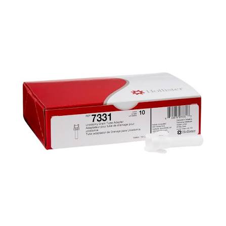 A red and white box of Hollister 7331 Unisex Drip Tube Adapter, with a small clear plastic adapter tube shown in front of the box on a white background. - okotoks hc pharmacy