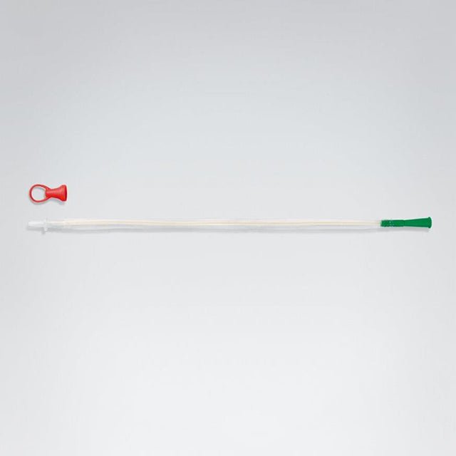 Long white catheter with red and green ends on a light gray background - okotoks hc pharmacy