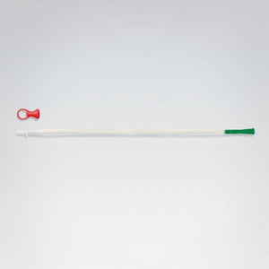 Long white catheter with red and green ends on a light gray background - okotoks hc pharmacy
