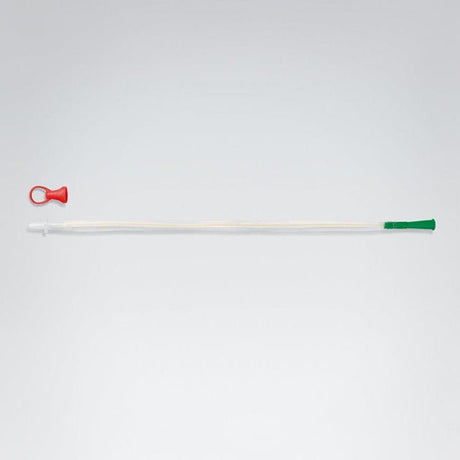 Long white catheter with red and green ends on a light gray background - okotoks hc pharmacy