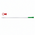A long clear catheter with a green cap, shown horizontally on a white background, with a small red ring-shaped accessory above it. - okotoks hc pharmacy