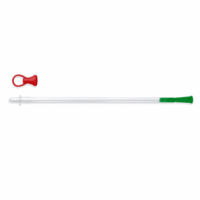 A long clear catheter with a green cap, shown horizontally on a white background, with a small red ring-shaped accessory above it. - okotoks hc pharmacy