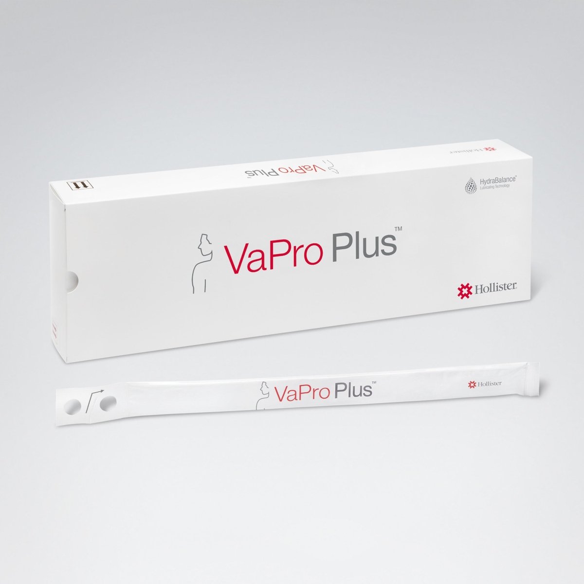 A white box and a single-use applicator stick for VaPro Plus, a Hollister incontinence product, shown on a light gray background. - okotoks hc pharmacy