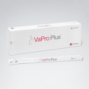 A white box and a single-use applicator stick for VaPro Plus, a Hollister incontinence product, shown on a light gray background. - okotoks hc pharmacy