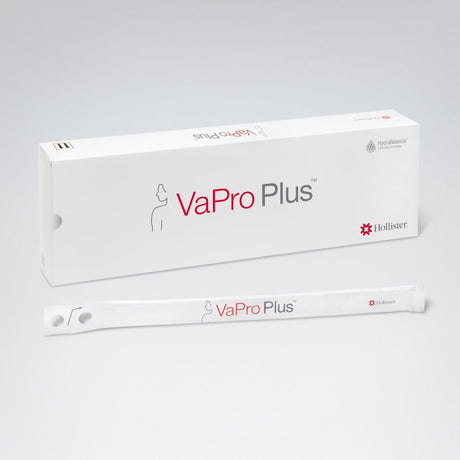 A white box and a single-use applicator stick for VaPro Plus, a Hollister incontinence product, shown on a light gray background. - okotoks hc pharmacy