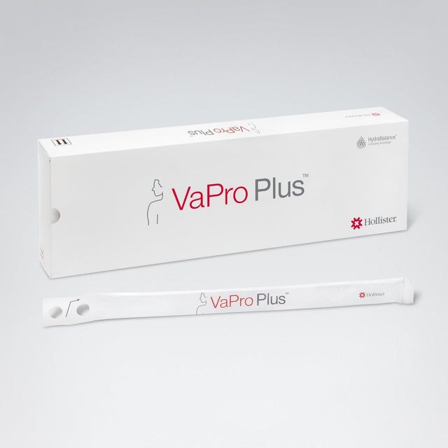 A white box and a single-use applicator stick for VaPro Plus, a Hollister incontinence product, shown on a light gray background. - okotoks hc pharmacy