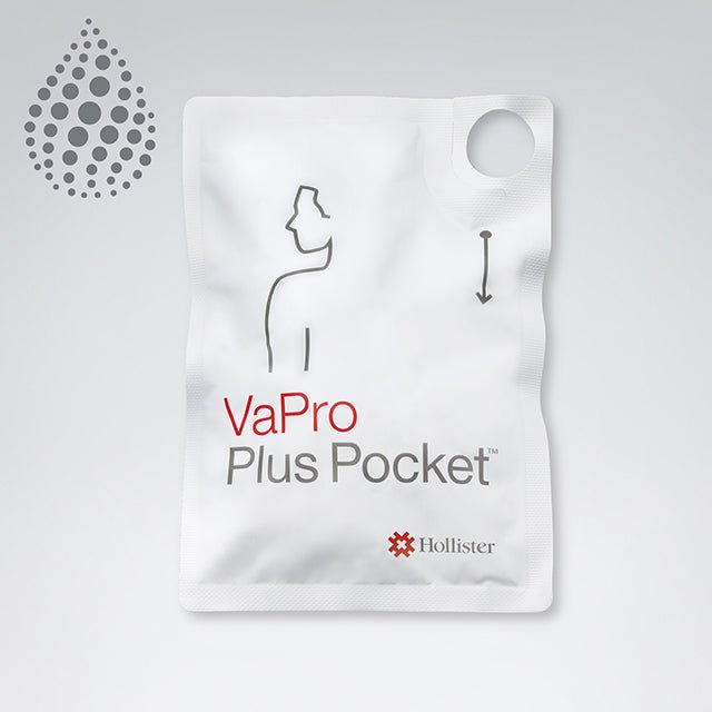White pouch labeled 'VaPro Plus Pocket' with Hollister logo on a gray background - okotoks hc pharmacy