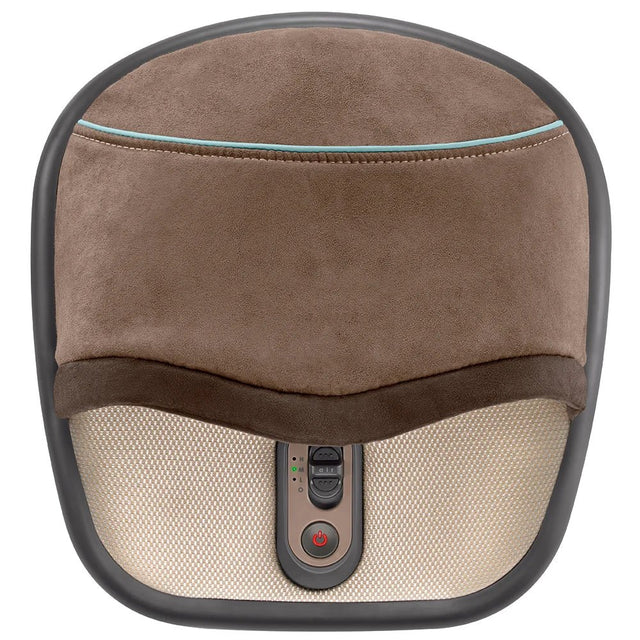 Brown massage HoMedics Air Compression + Shiatsu Foot Massager with Heat with a suede-like top section, a beige mesh lower section, and a central control panel with buttons.- okotoks hc pharmacy