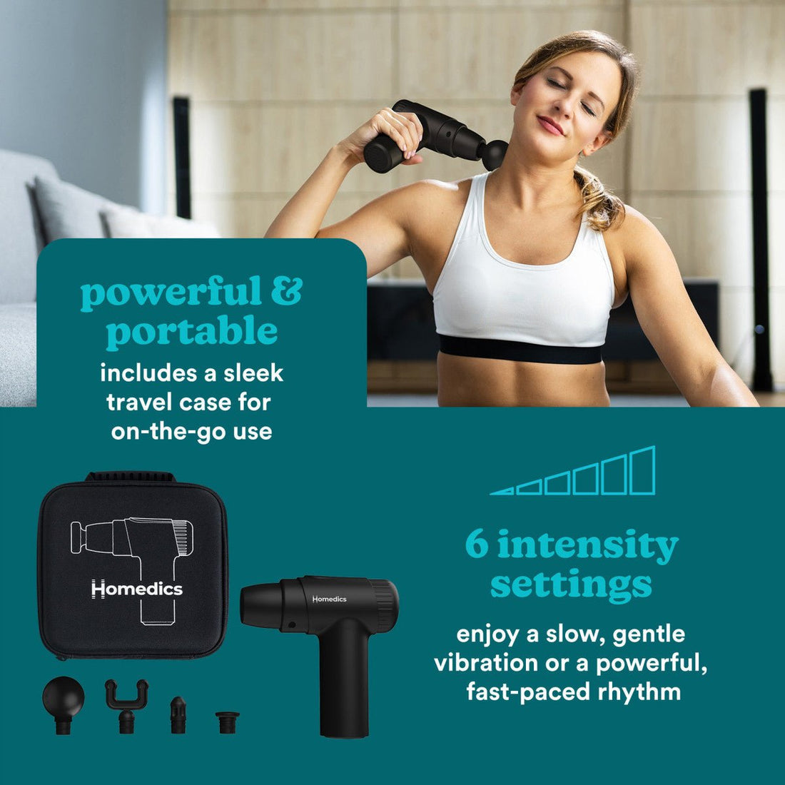 Woman using a handheld massage device with product packaging and text on a teal background - okotoks hc pharmacy