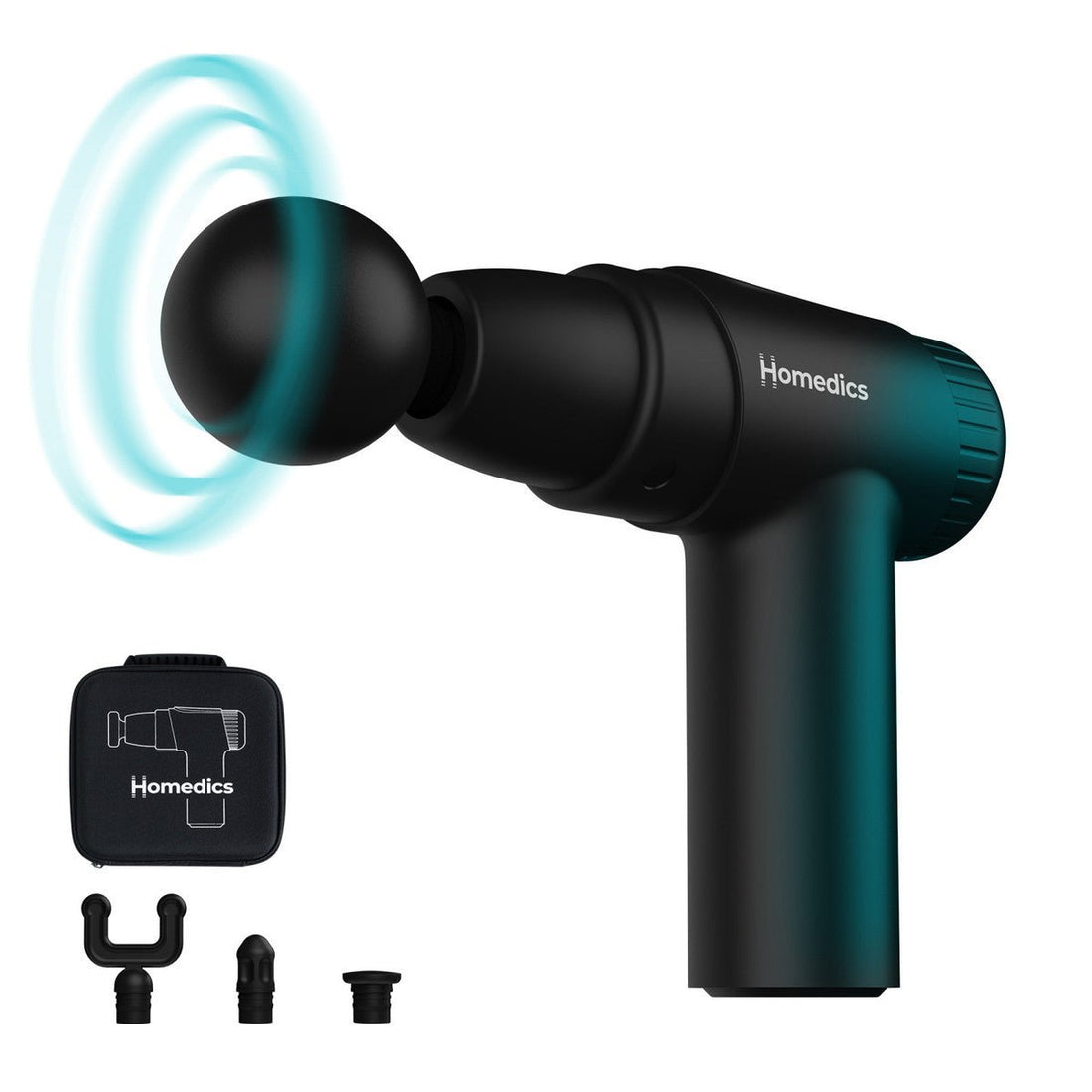 Black and teal Homedics massage gun with attachments on a white background - okotoks hc pharmacy