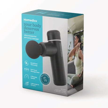 Homedics massage gun packaging with product image and features on a white background - okotoks hc pharmacy