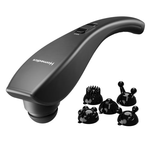 Black handheld massager with multiple attachments on a white background - okotoks hc pharmacy