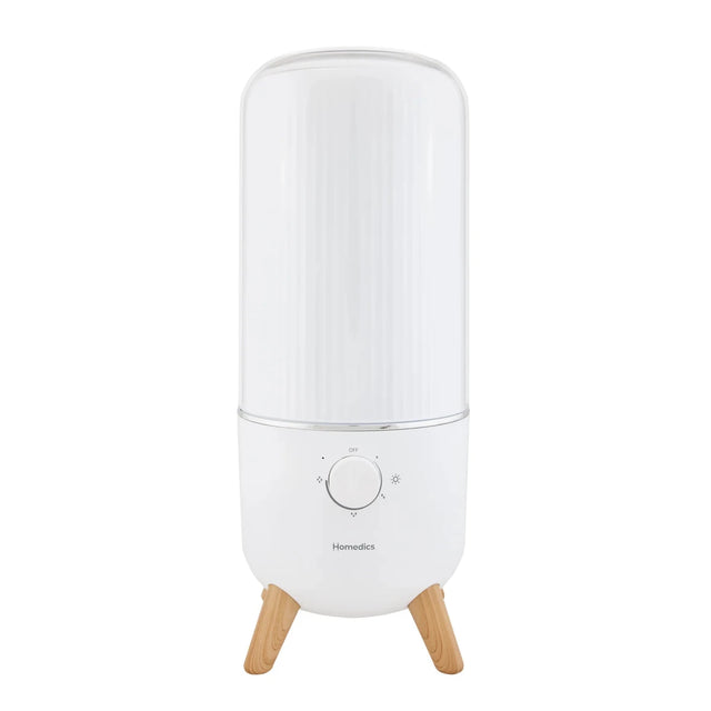 White humidifier with wooden legs on a white background - okotoks hc pharmacy