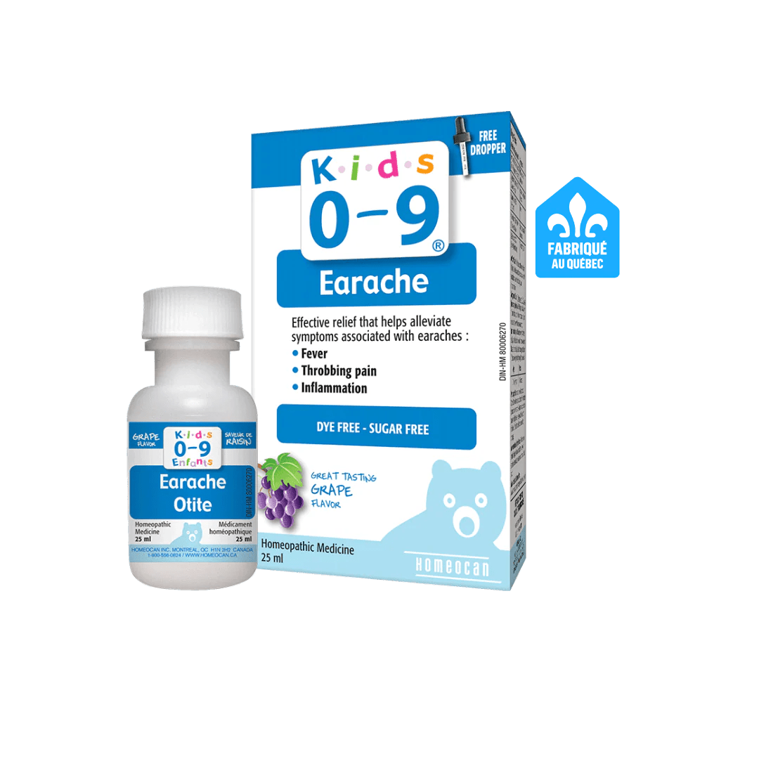 Kids 0-9 Earache Oral Solution bottle and packaging on a white background - Okotoks HC Pharmacy