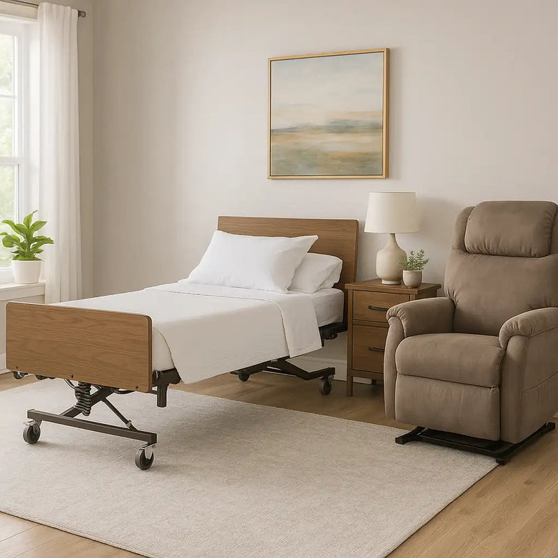 Bedroom with a hospital bed and recliner chair.