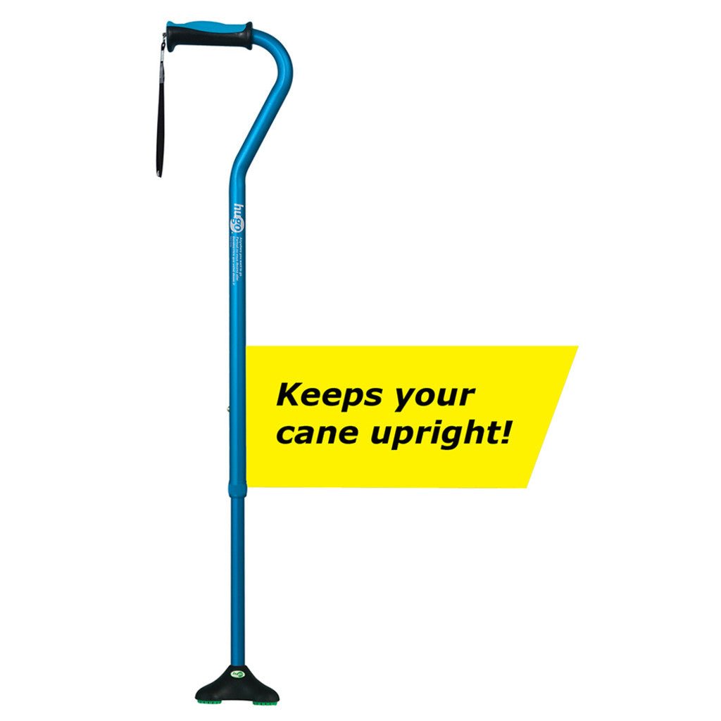 Blue cane with a yellow label indicating it keeps the cane upright on a white background - okotoks hc pharmacy