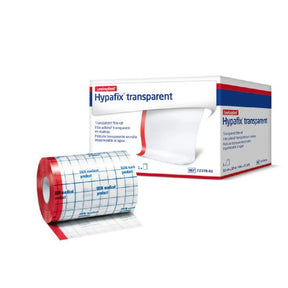 Hypafix transparent adhesive bandage roll and packaging on a white background - okotoks hc pharmacy