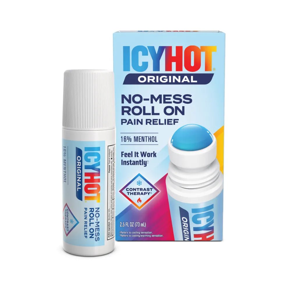 Icy Hot no-mess roll on pain relief product with packaging on a white background - okotoks hc pharmacy