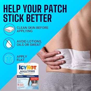 Icy Hot patch advertisement with instructions on a blue background - okotoks hc pharmacy