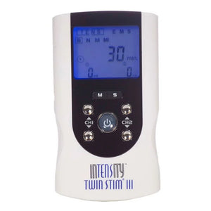 Intensity Twin Stim III TENS/EMS device with a white body, black control panel, and blue backlit display screen, shown on a plain white background. - okotoks hc pharmacy