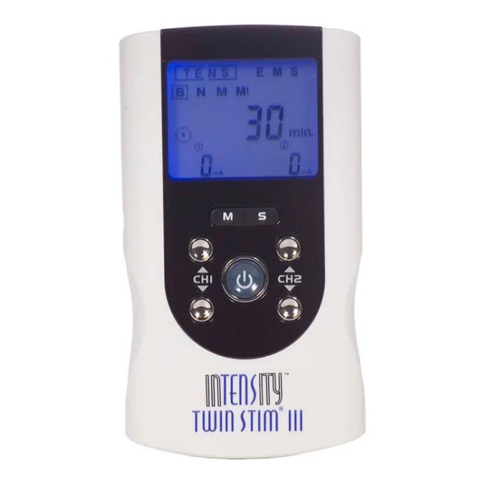 Intensity Twin Stim III TENS/EMS device with a white body, black control panel, and blue backlit display screen, shown on a plain white background. - okotoks hc pharmacy