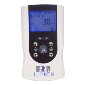 Intensity Twin Stim III TENS/EMS device with a white body, black control panel, and blue backlit display screen, shown on a plain white background. - okotoks hc pharmacy