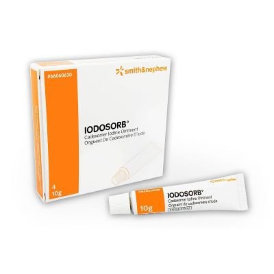 Iodosorb ointment packaging with Smith & Nephew logo on a white background - okotoks hc pharmacy