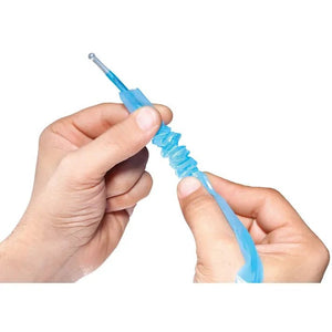 A close-up of a person's hands holding and stretching a translucent blue silicone sleeve or tube against a plain white background. - okotoks hc pharmacy