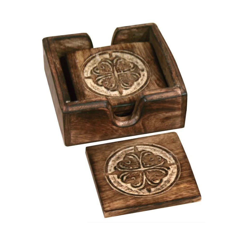 Wooden coaster set with embossed four-leaf clover design on a white background - okotoks hc pharmacy