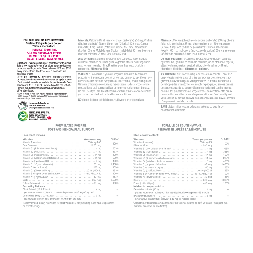 The back of a supplement box showing French text, ingredients, directions, warnings, and nutritional tables for a post and menopausal support formula. - okotoks hc pharmacy