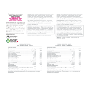 The back of a supplement box showing French text, ingredients, directions, warnings, and nutritional tables for a post and menopausal support formula. - okotoks hc pharmacy