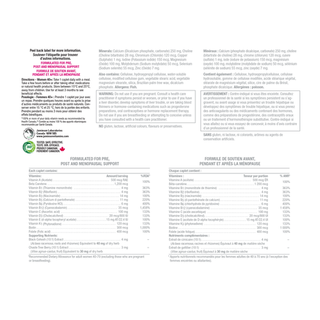 The back of a supplement box showing French text, ingredients, directions, warnings, and nutritional tables for a post and menopausal support formula. - okotoks hc pharmacy