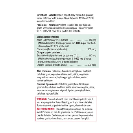 A white rectangular card with black text containing directions and product details for a dietary supplement, including English and French text, ingredient amounts, and a warning. - okotoks hc pharmacy